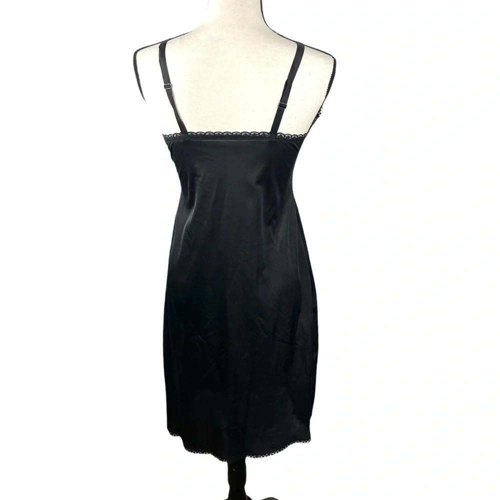 Vintage Black 100% Nylon with Floral V Neck Trim Slip Dress - Picture 2 of 12
